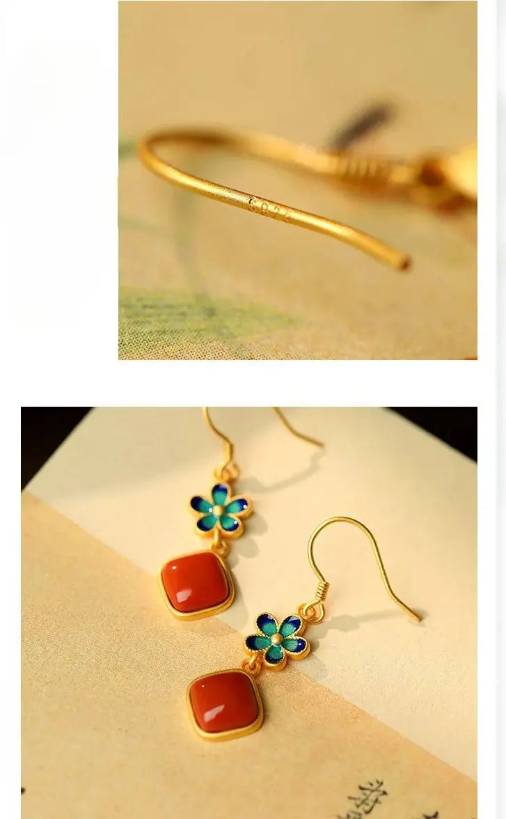 silver earrings: enamel petal + nanjiang red agate | star8s - star8s