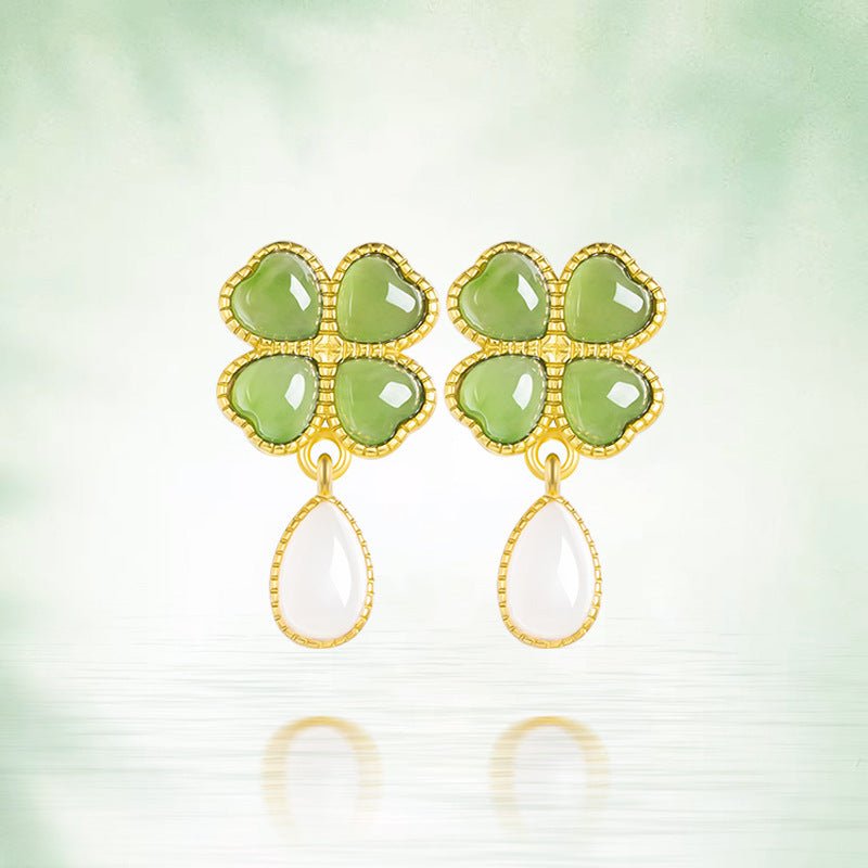 sophisticated & luxe green jade earrings: 925 silver hetian jade spinach green clover | star8s