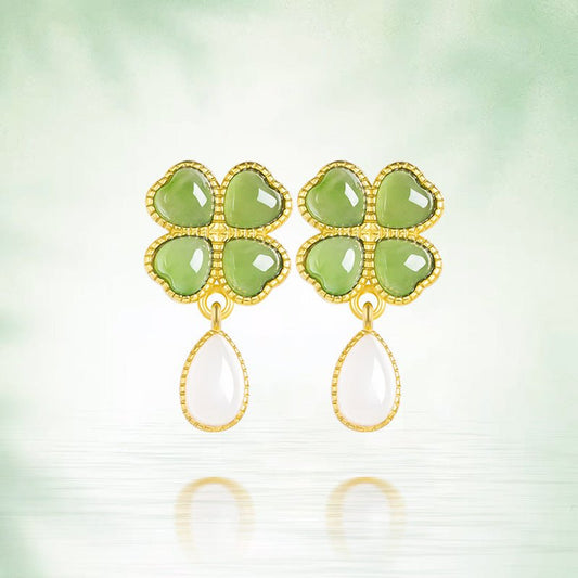 Sophisticated & Luxe Green Jade Earrings: 925 Silver Hetian Jade Spinach Green Clover | STAR8S