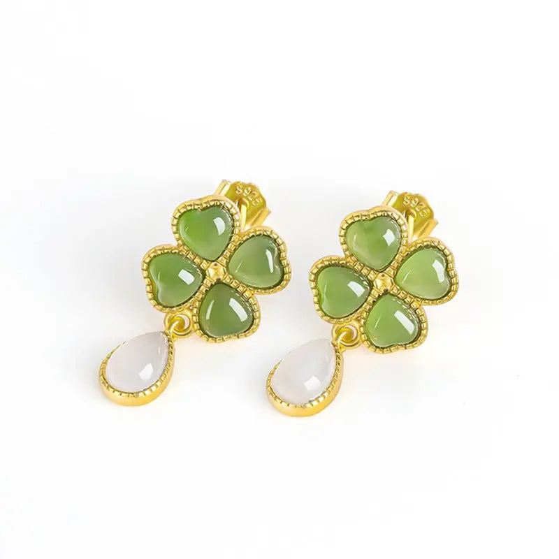 Sophisticated & Luxe Green Jade Earrings: 925 Silver Hetian Jade Spinach Green Clover | STAR8S