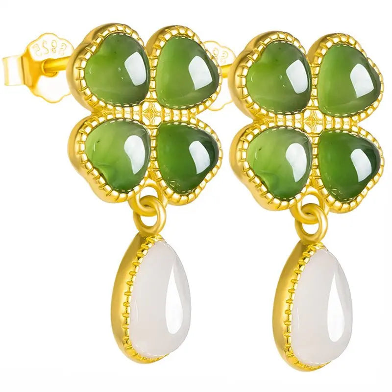 sophisticated & luxe green jade earrings: 925 silver hetian jade spinach green clover | star8s