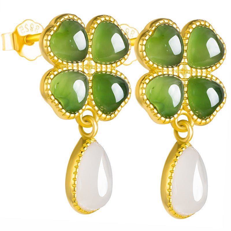 Sophisticated & Luxe Green Jade Earrings: 925 Silver Hetian Jade Spinach Green Clover | STAR8S