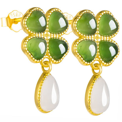 Sophisticated & Luxe Green Jade Earrings: 925 Silver Hetian Jade Spinach Green Clover | STAR8S