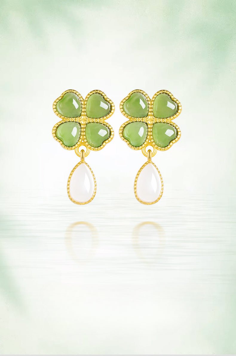 Sophisticated & Luxe Green Jade Earrings: 925 Silver Hetian Jade Spinach Green Clover | STAR8S