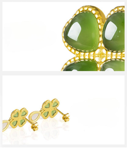 Sophisticated & Luxe Green Jade Earrings: 925 Silver Hetian Jade Spinach Green Clover | STAR8S