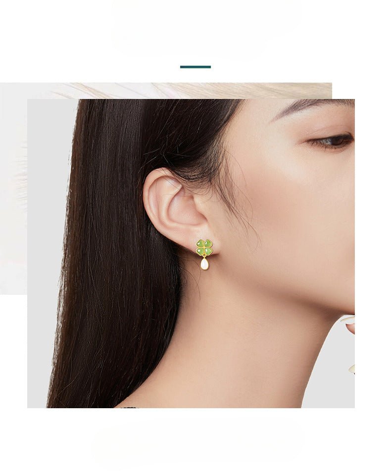 Sophisticated & Luxe Green Jade Earrings: 925 Silver Hetian Jade Spinach Green Clover | STAR8S