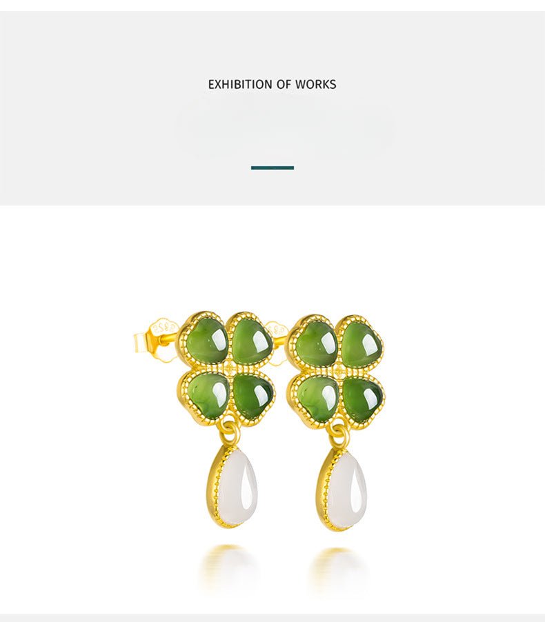 sophisticated & luxe green jade earrings: 925 silver hetian jade spinach green clover | star8s