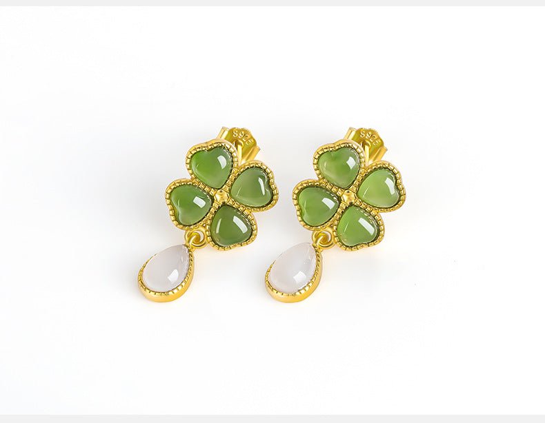 Sophisticated & Luxe Green Jade Earrings: 925 Silver Hetian Jade Spinach Green Clover | STAR8S