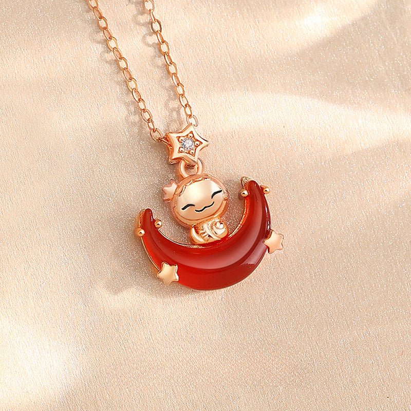 stone necklace - moon boat cute snake hetian & red agate | star8s