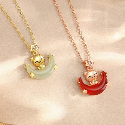 Stone Necklace - Moon Boat Cute Snake Hetian & Red Agate | STAR8S