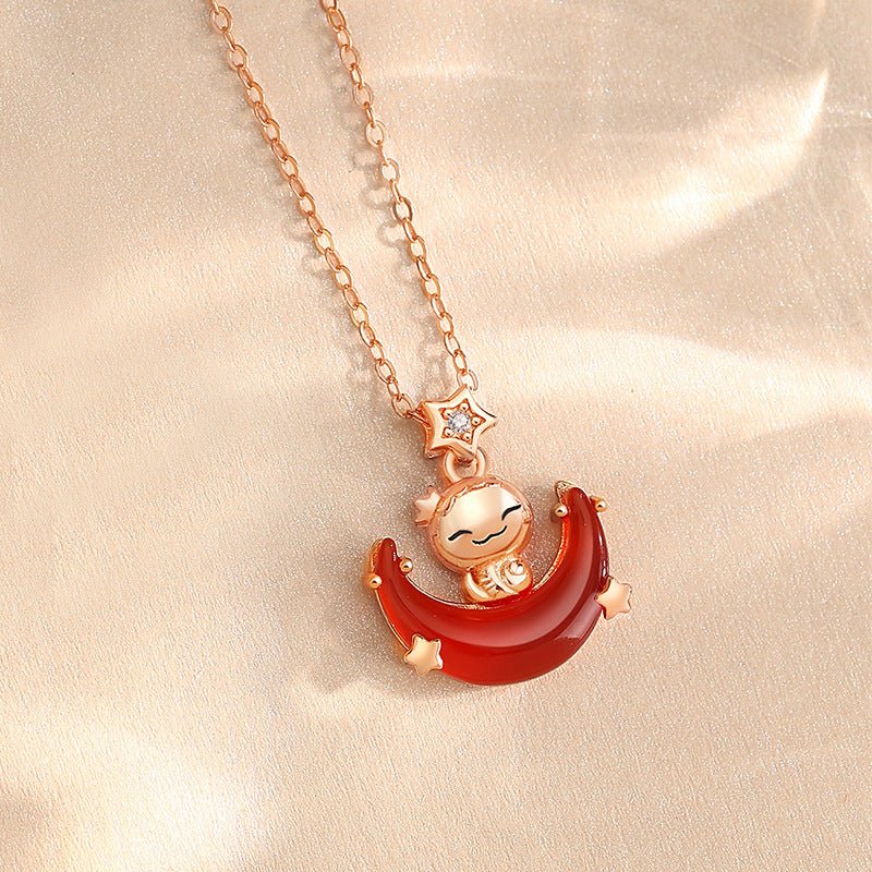 Stone Necklace - Moon Boat Cute Snake Hetian & Red Agate | STAR8S