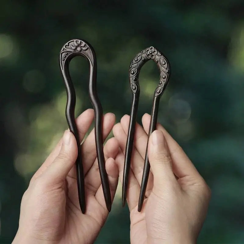 U - shaped Double - Prong Wood Hairpin for Vintage & Modern Styling - STAR8S