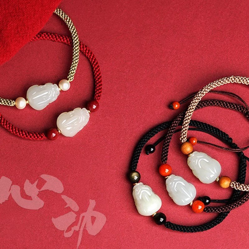 Wealth PiXiu Jade Bracelet‌ - Hetian Jade & Red String for Money