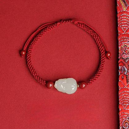 Wealth PiXiu Jade Bracelet‌ - Hetian Jade & Red String for Money