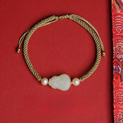 Wealth PiXiu Jade Bracelet‌ - Hetian Jade & Red String for Money