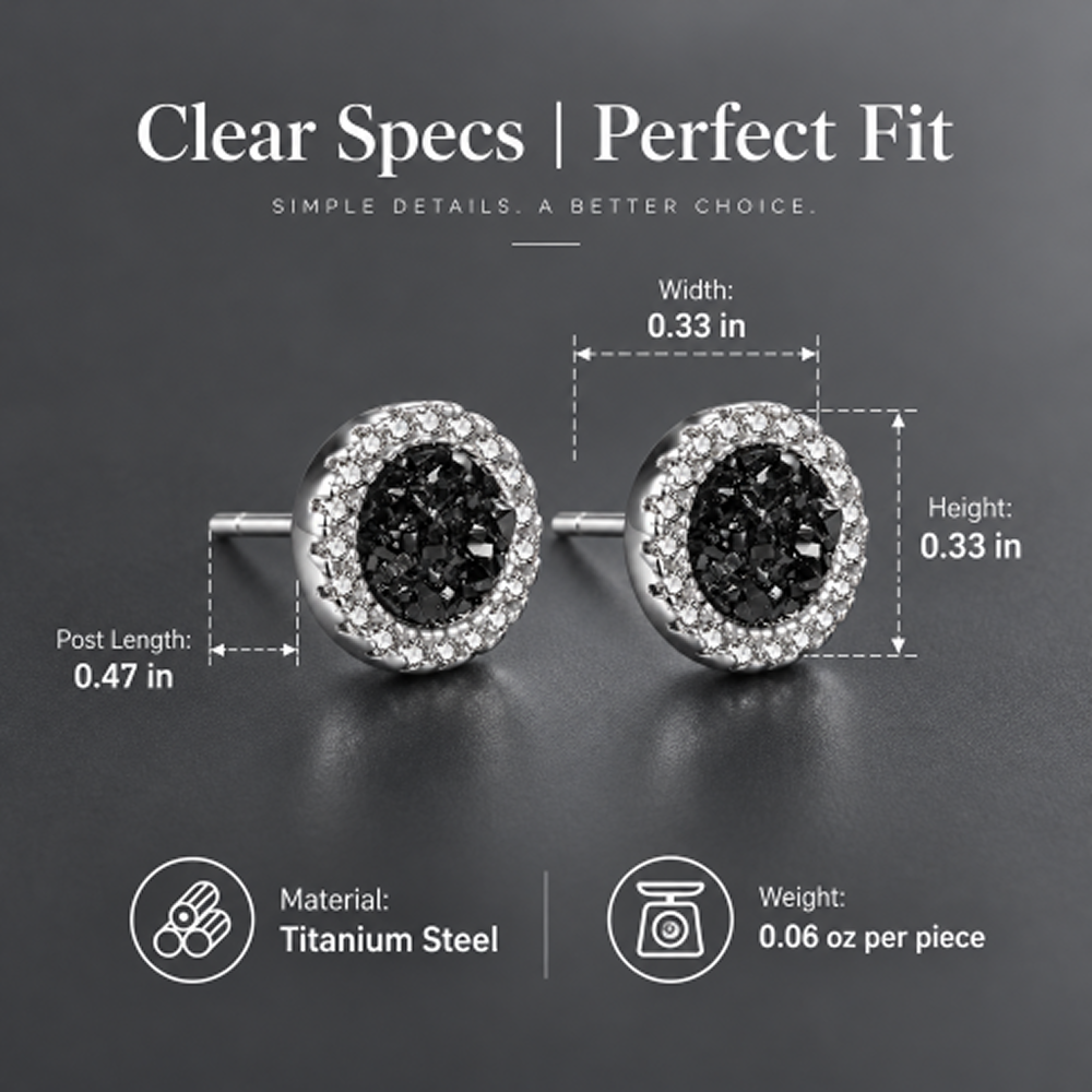 men's titanium steel black cluster stud earrings with clear round halo, 1 pair