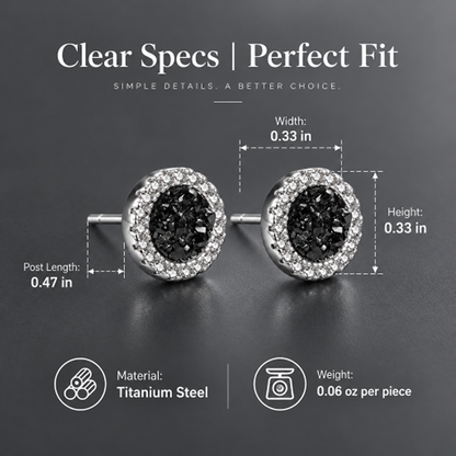 Men's Titanium Steel Black Cluster Stud Earrings with Clear Round Halo, 1 Pair