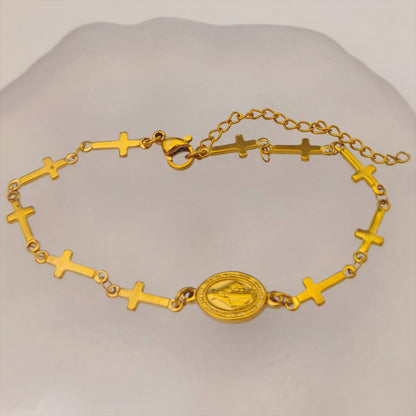 Virgin Mary Cross Bracelet for Women Stainless Steel Gold Plated Miraculous Medal Pendant Religious Catholic Christian Faith Blessing Charm Bracelet Adjustable Stackable Layering Wristband Gift Jewelry