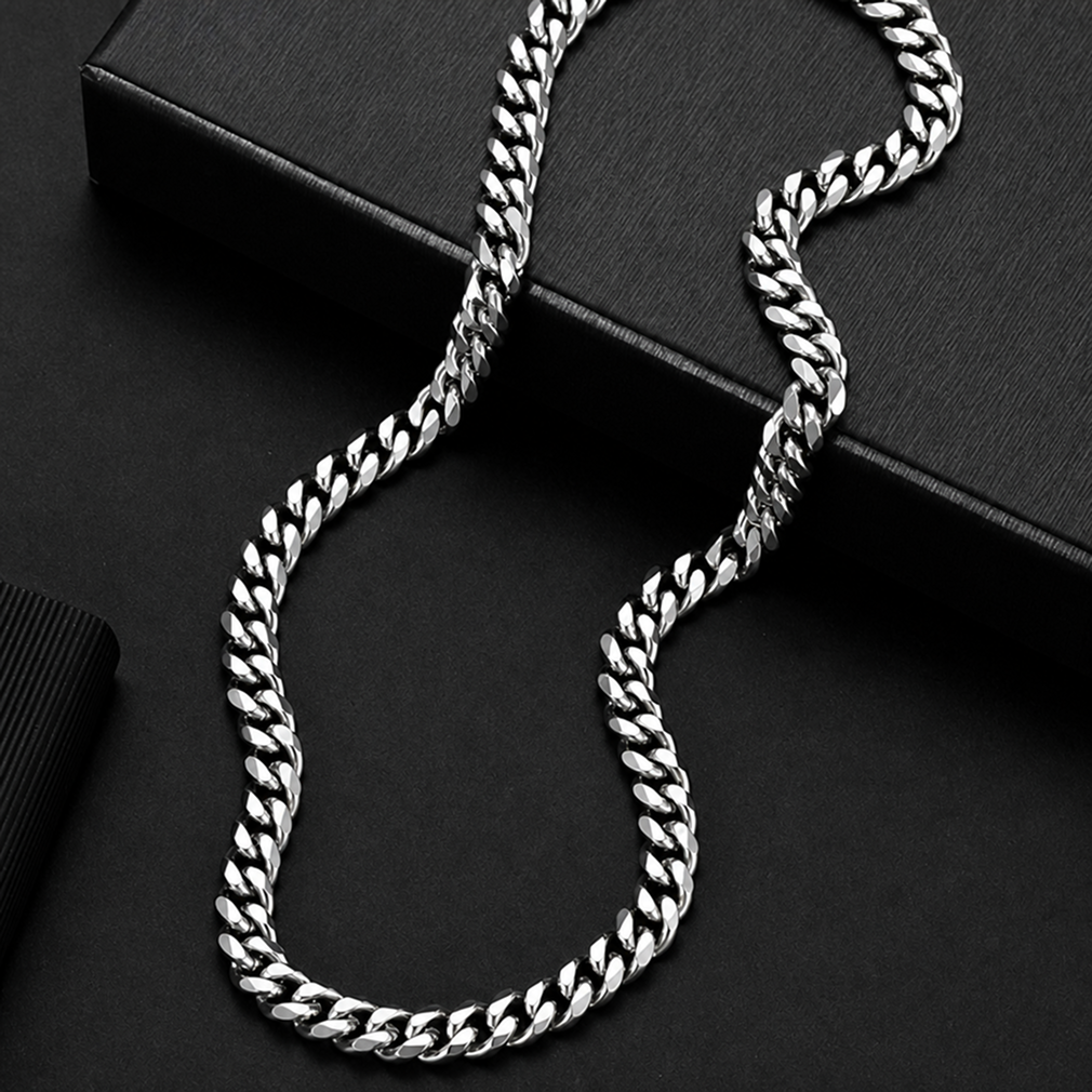 titanium steel cuban link chain necklace for men women unisex 8mm silver color 6-sided diamond cut curb link chain streetwear hip hop high street heavy duty necklaces