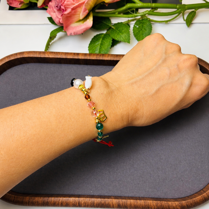 Red String Beaded Charm Bracelet, Adjustable Cord with Multicolor Beads and Gold-Tone Heart, Star and Cross Charms, Everyday Holiday Jewelry