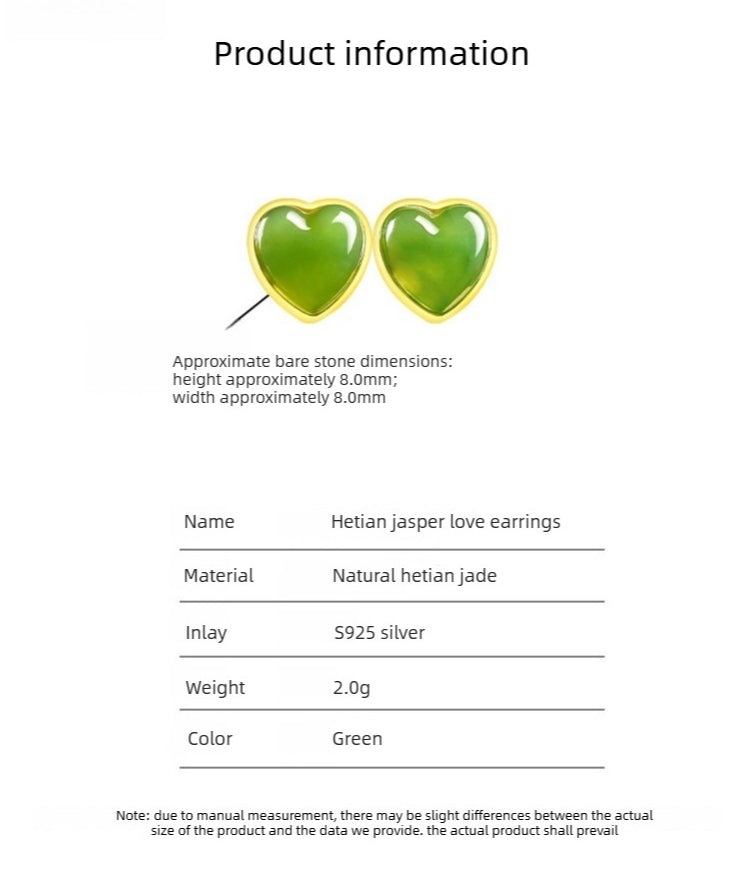 spinach green natural hetian jade heart earrings - s925 silver setting