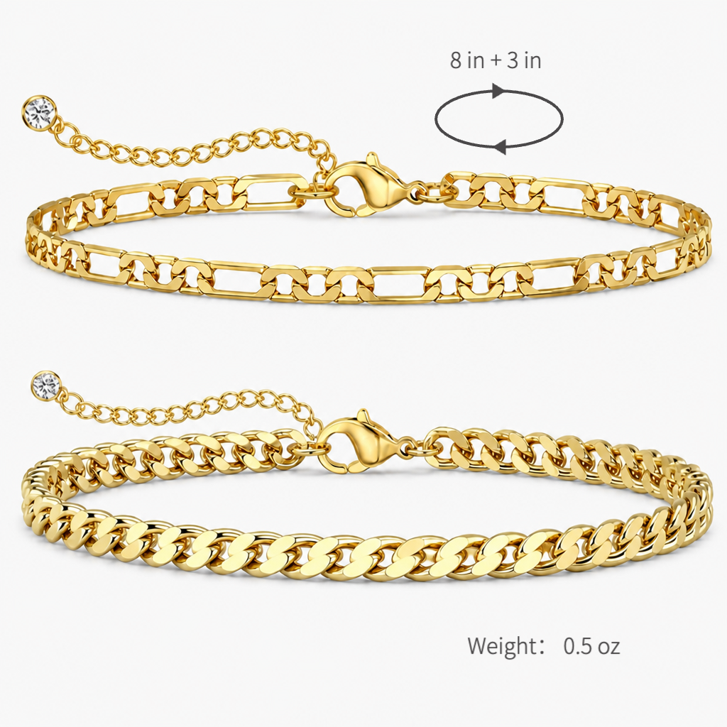 2-piece gold-tone cuban and figaro anklet set for women, electroplated stainless steel adjustable chain ankle bracelets