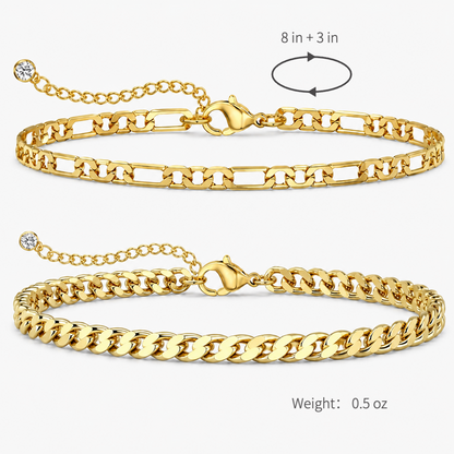 2-Piece Gold-Tone Cuban and Figaro Anklet Set for Women, Electroplated Stainless Steel Adjustable Chain Ankle Bracelets
