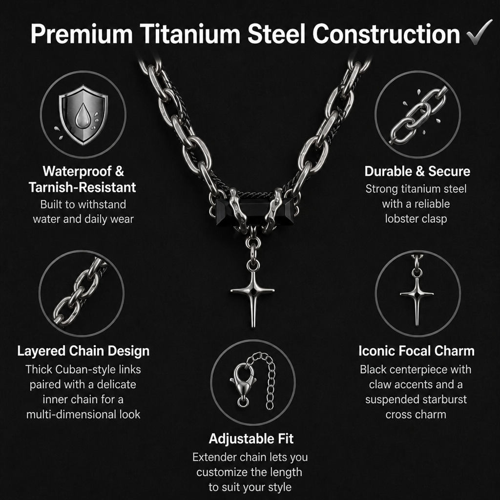 men's starburst pendant necklace titanium steel cuban link chain layered hip hop choker black gem cross accent streetwear jewelry gift for men male accessories