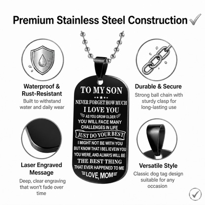 Engraved Dog Tag Necklace for Son from Mom Stainless Steel Military ID Card Pendant Inspirational Message Charm Long Ball Bead Chain Birthday Graduation Gift for Boys Men Black Silver 23.6" 20g