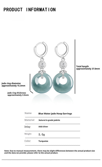S925 Silver Natural Jadeite Jade Ring Blue Water Earrings – Fashion Women’s