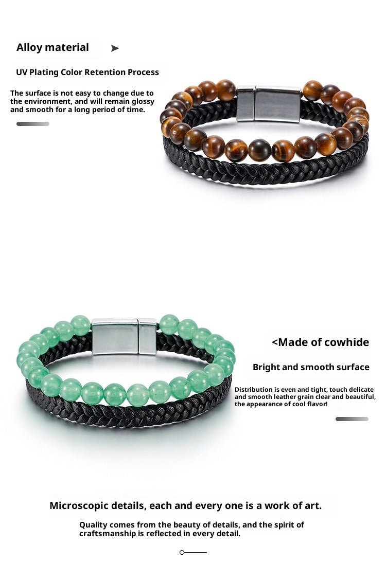 men’s beaded stone bracelet - tiger eye beads with genuine leather cord - natural stone and agate bracelet - star8s