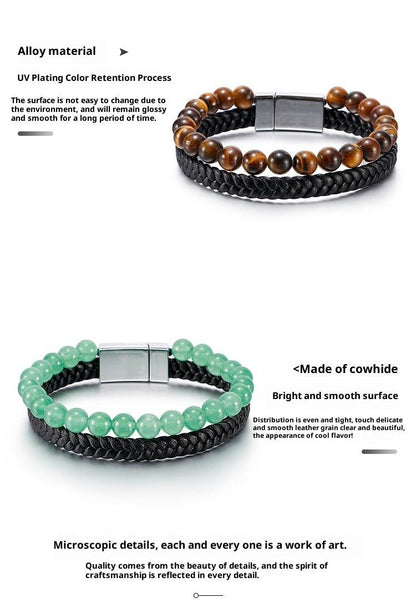 Men’s Beaded Stone Bracelet - Tiger Eye Beads with Genuine Leather Cord - Natural Stone and Agate Bracelet - STAR8S