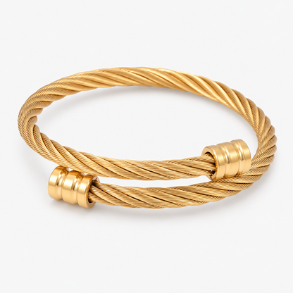 Men's Gold-Tone Stainless Steel Double-Strand Twisted Cable Open Cuff Bracelet