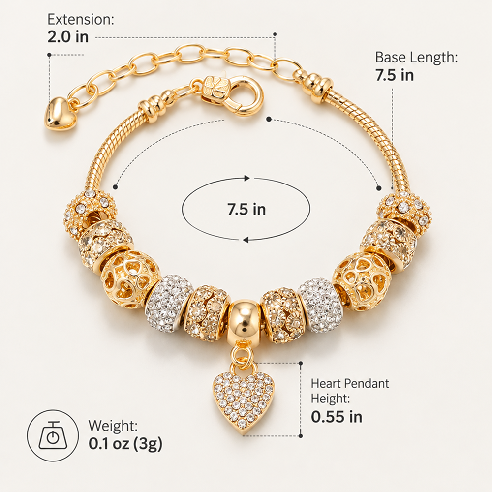 gold-tone heart charm bracelet with decorative beads and adjustable extender