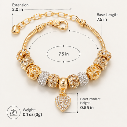 Gold-Tone Heart Charm Bracelet with Decorative Beads and Adjustable Extender