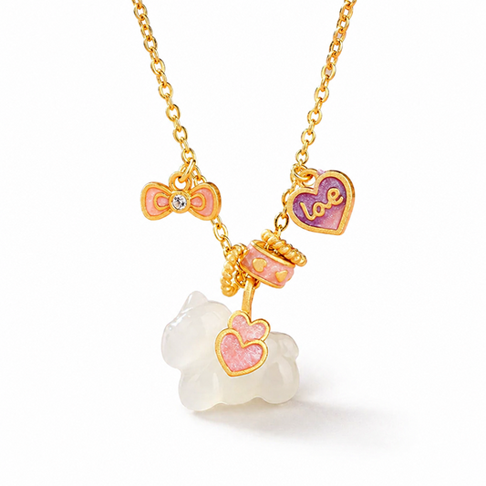 Chinese Zodiac Horse Jade Heart  S925 Silve Necklace