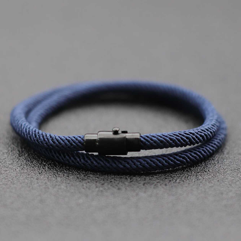 men's double wrap bracelet navy blue milan rope cord wristband matte black alloy magnetic clasp unisex minimalist surf beach nautical jewelry layering cuff