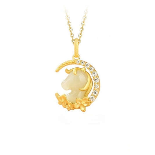 Chinese Zodiac Horse Dream Moon S925 Silver Jade Necklace