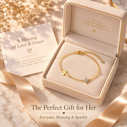 Gold-Tone Cross and Clover Bracelet for Women, Electroplated Brass Adjustable Chain with Clear Stone Accents, Dainty Everyday Jewelry