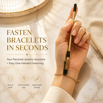 Jewelry Clasp Helper for Bracelets and Necklaces, One-Handed Bracelet Fastening Tool with Spring Clip, Gold-Color Iron Rod Jewelry Dressing Aid, 6.10 Inch Lightweight Clasp Holder for Chain Bracelets and Necklaces, Travel Accessory for Home or Travel