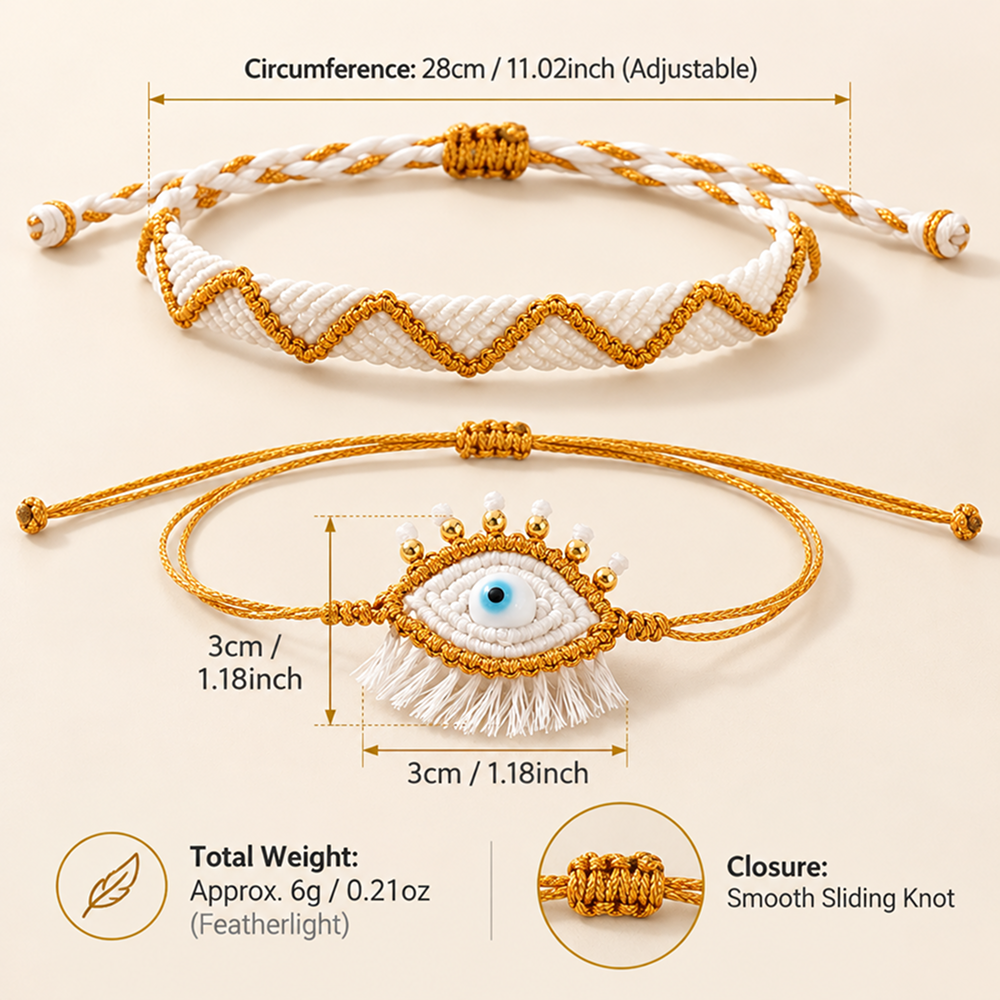 white and gold-tone evil eye bracelet set with tassel detail and adjustable sliding knots, 2 pieces