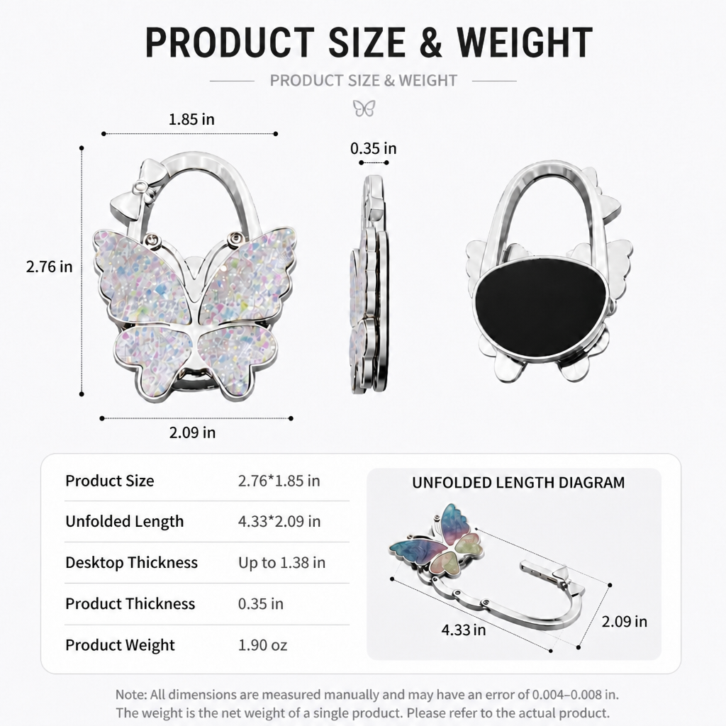 butterfly folding purse hook for desk portable handbag hanger for tables women cute tote bag hook inward folding table side purse holder desk bag hanger clip non-slip office dining travel accessories
