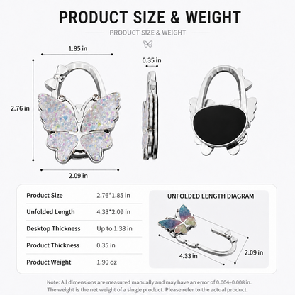 Butterfly Folding Purse Hook for Desk Portable Handbag Hanger for Tables Women Cute Tote Bag Hook Inward Folding Table Side Purse Holder Desk Bag Hanger Clip Non-Slip Office Dining Travel Accessories