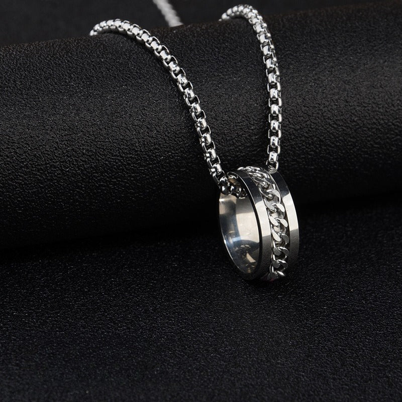 waterproof tarnish-free spinner ring necklace, premium titanium steel rotatable chain pendant, durable minimalist hip hop streetwear fidget anxiety relief jewelry gift