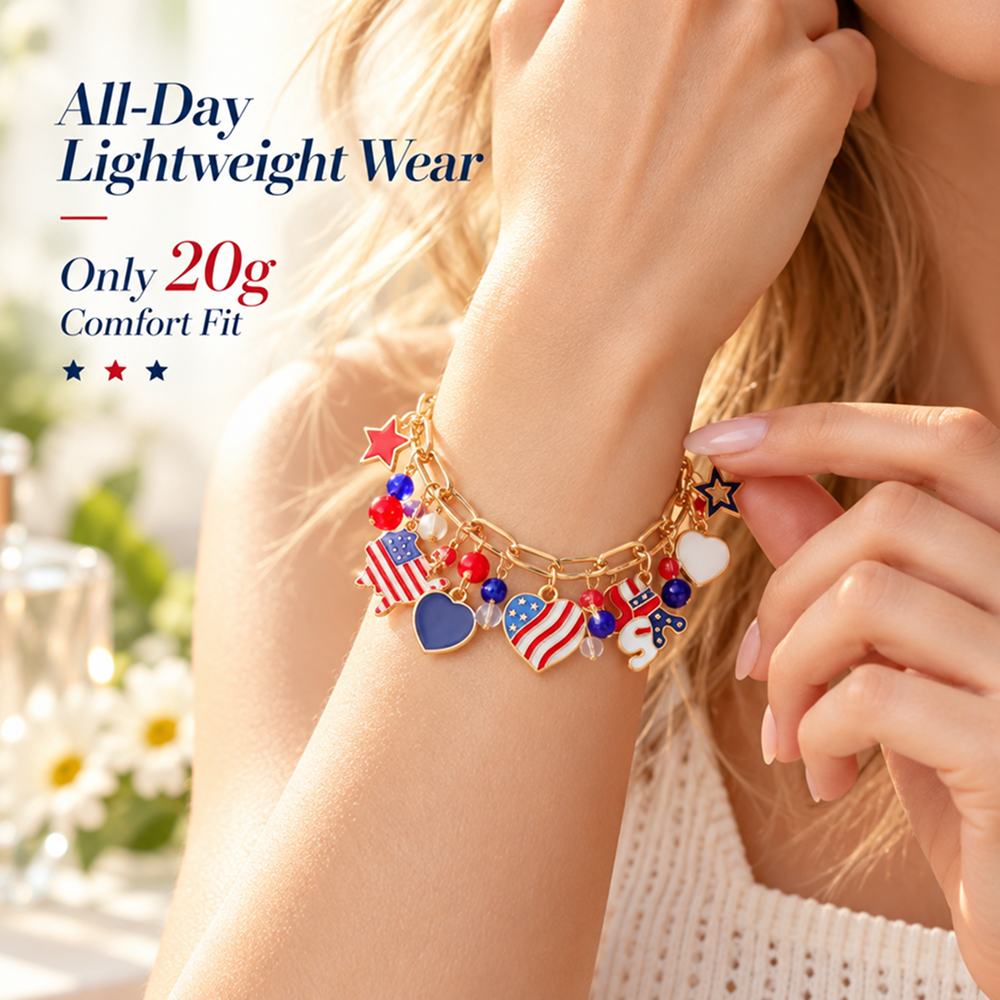 gold-tone usa patriotic charm bracelet with flag, heart and star designs and adjustable extender