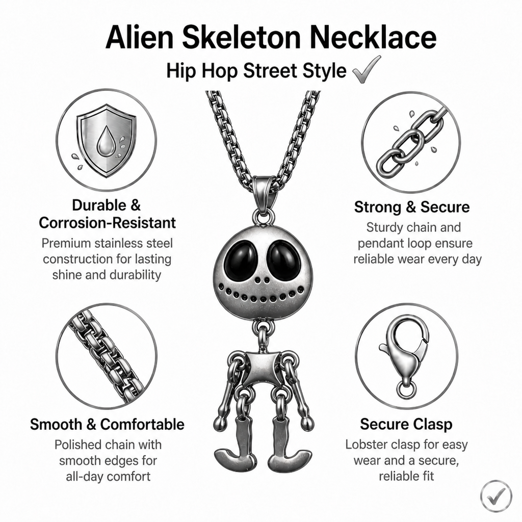 men's alien skeleton pendant necklace stainless steel articulated movable joint skull charm box chain hip hop streetwear y2k gothic punk jewelry gift for him