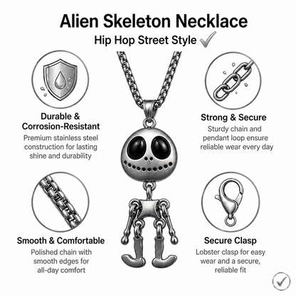 Men's Alien Skeleton Pendant Necklace Stainless Steel Articulated Movable Joint Skull Charm Box Chain Hip Hop Streetwear Y2K Gothic Punk Jewelry Gift for Him