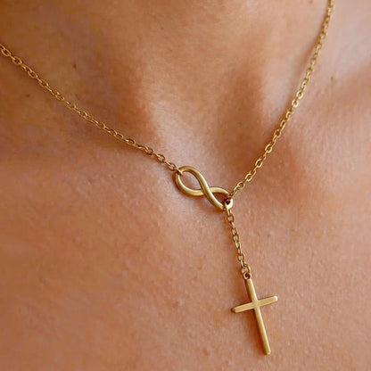 Stainless Steel Infinity Cross Necklace for Women Gold Tone Infinity Loop Cross Pendant Lariat Necklace Religious Faith Christian Jewelry Elegant Y Necklace Gift for Her
