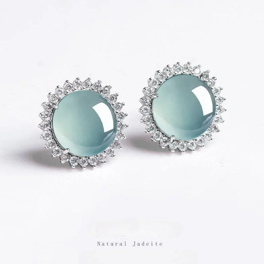 S925 Silver Inlaid Natural Jade Blue Water Stud Earrings | Ice Jade Earrings
