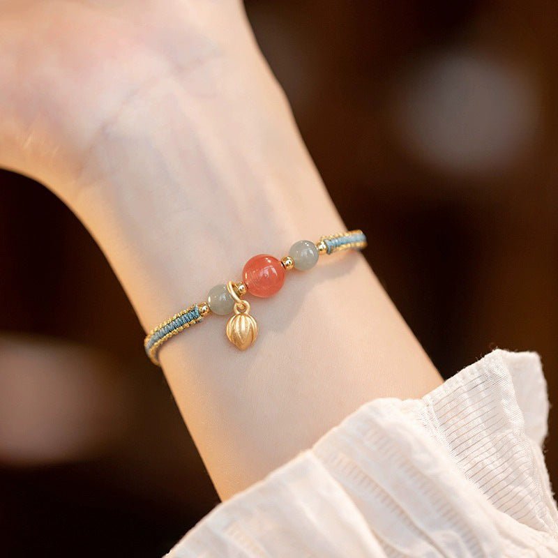 Adjustable Red String Bracelet with South Red Agate & Golden Lotus Charm – Handmade Chinese Style for Luck and Prosperity - STAR8S